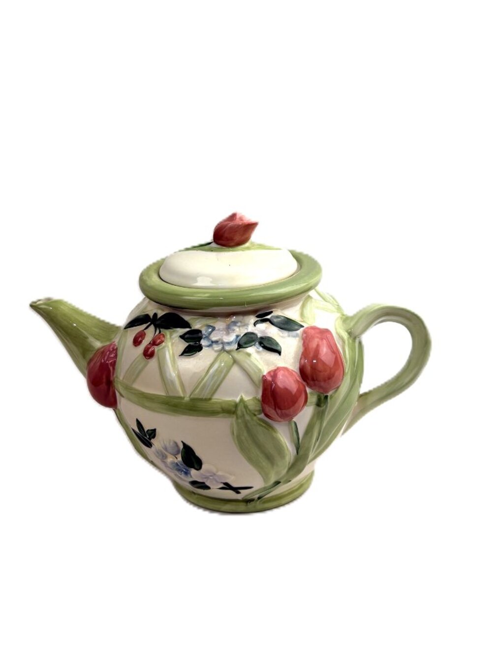Vintage Pfaltzgraff Garden Party Teapot with Tulip Lid Finial 3D Floral